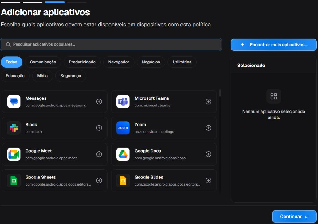 Etapa Adicionar aplicativos sem aplicativo selecionado